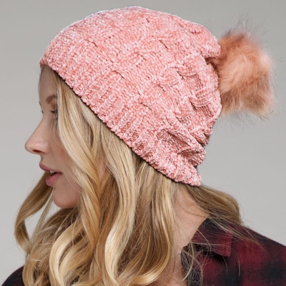 Accessories - Blush Chenille Cable Knit Faux Fur Pompom Beanie